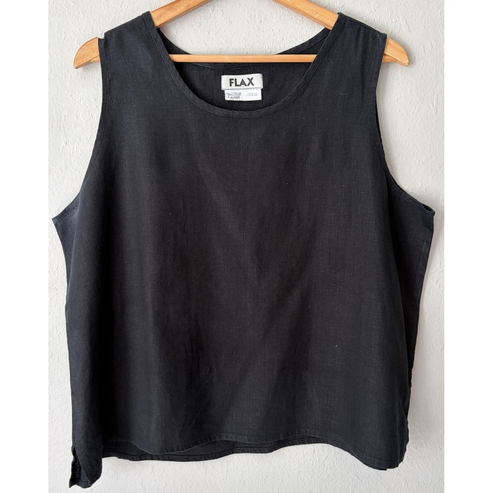 FLAX Womens 100% Linen Sleeveless Boxy Shell Tank Top Size Large Black Lagenlook